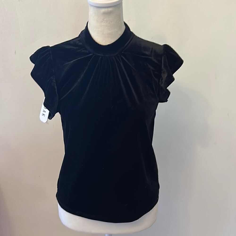 Olive + Oak black velvet cap ruffle sleeve blouse Size S New